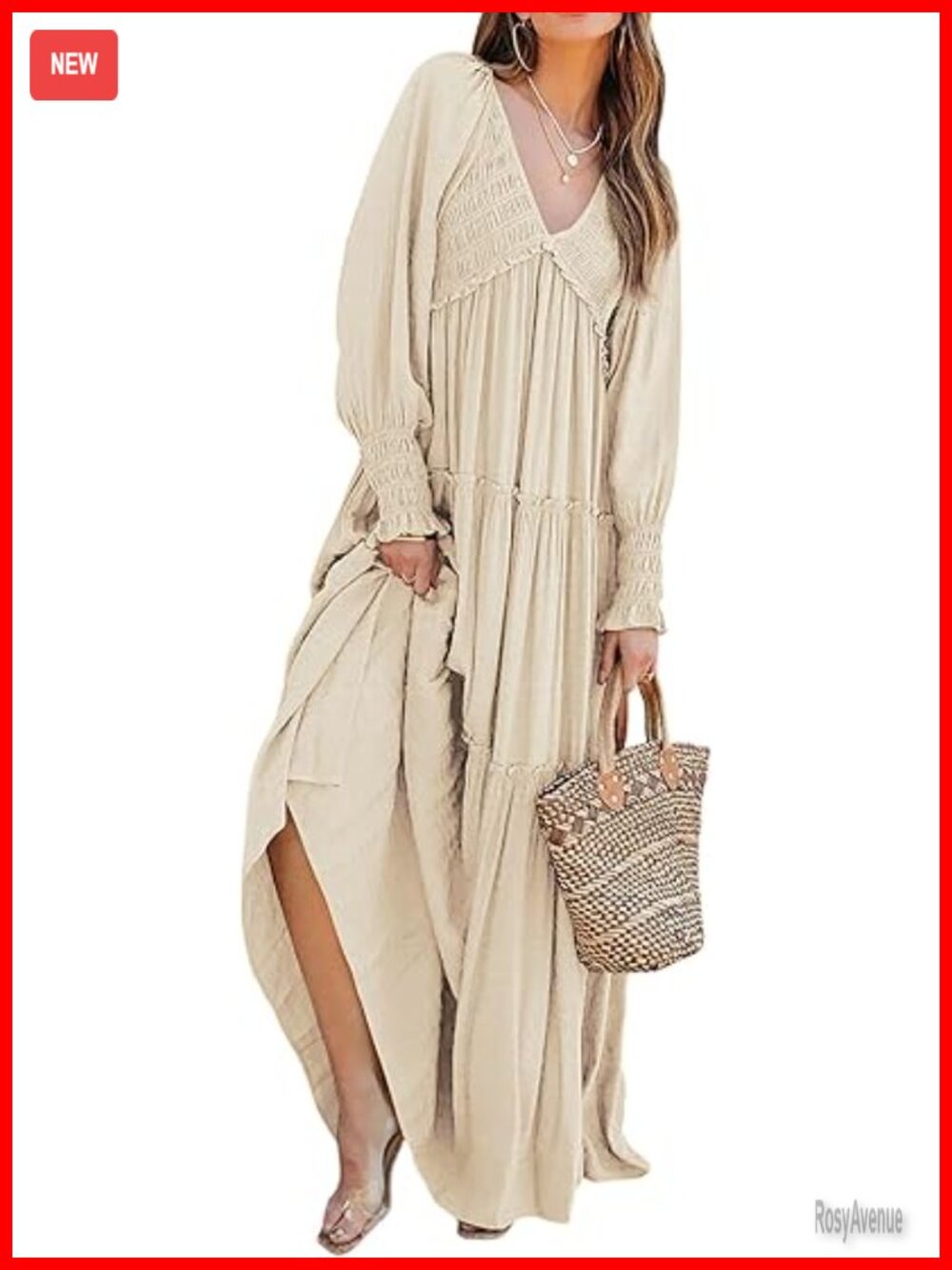 Long Sleeve V Neck Empire Waist Layered Ruffle Flowy Boho Maxi Dress - Picture 1 of 7